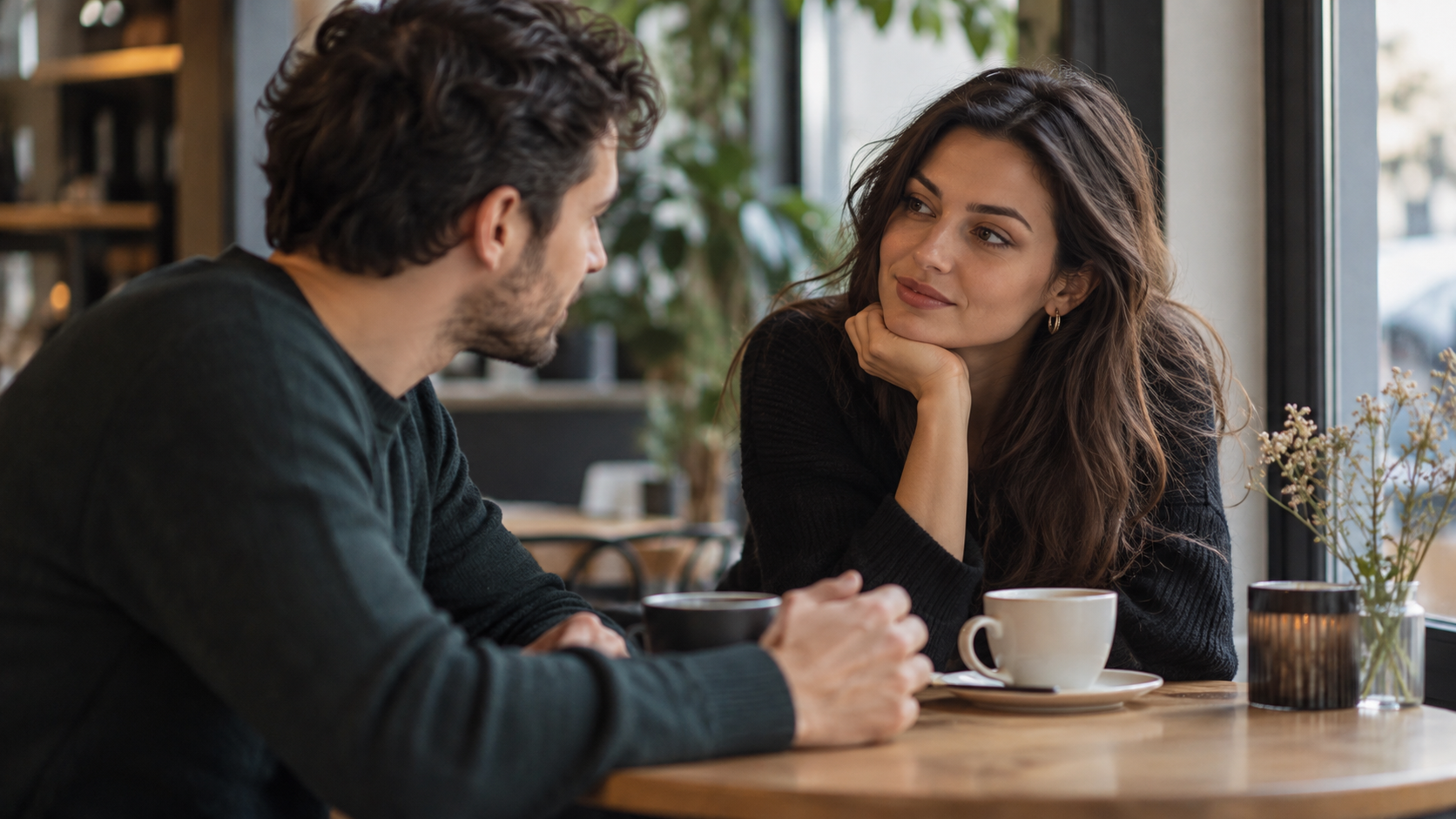 A couple having a conversation across a cafe table.