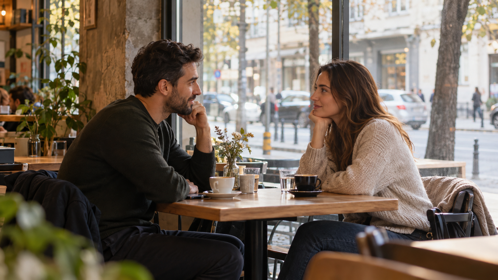 A couple talking in a Sofia cafe