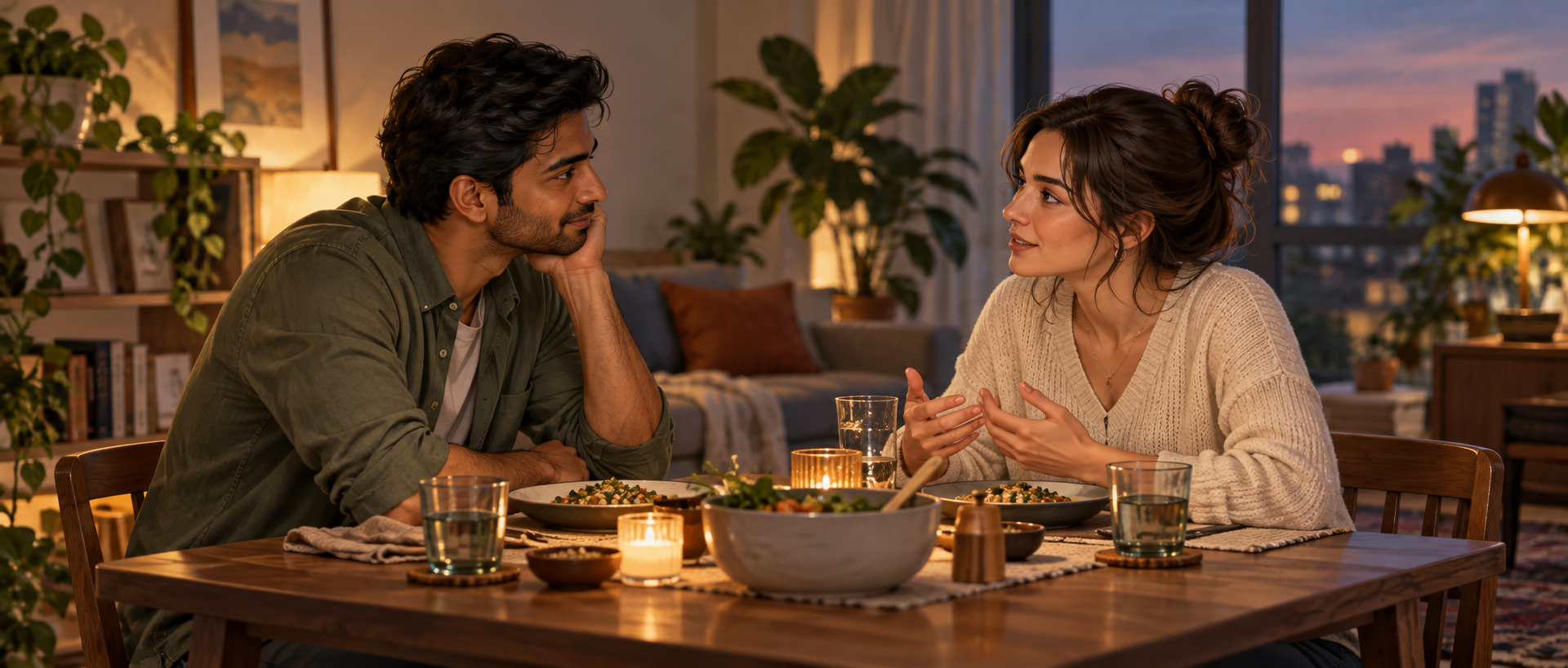 An Indian man and his partner talking over dinner at home.