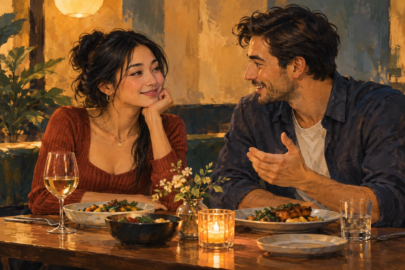 Illustration of a couple talking over dinner at a restaurant.